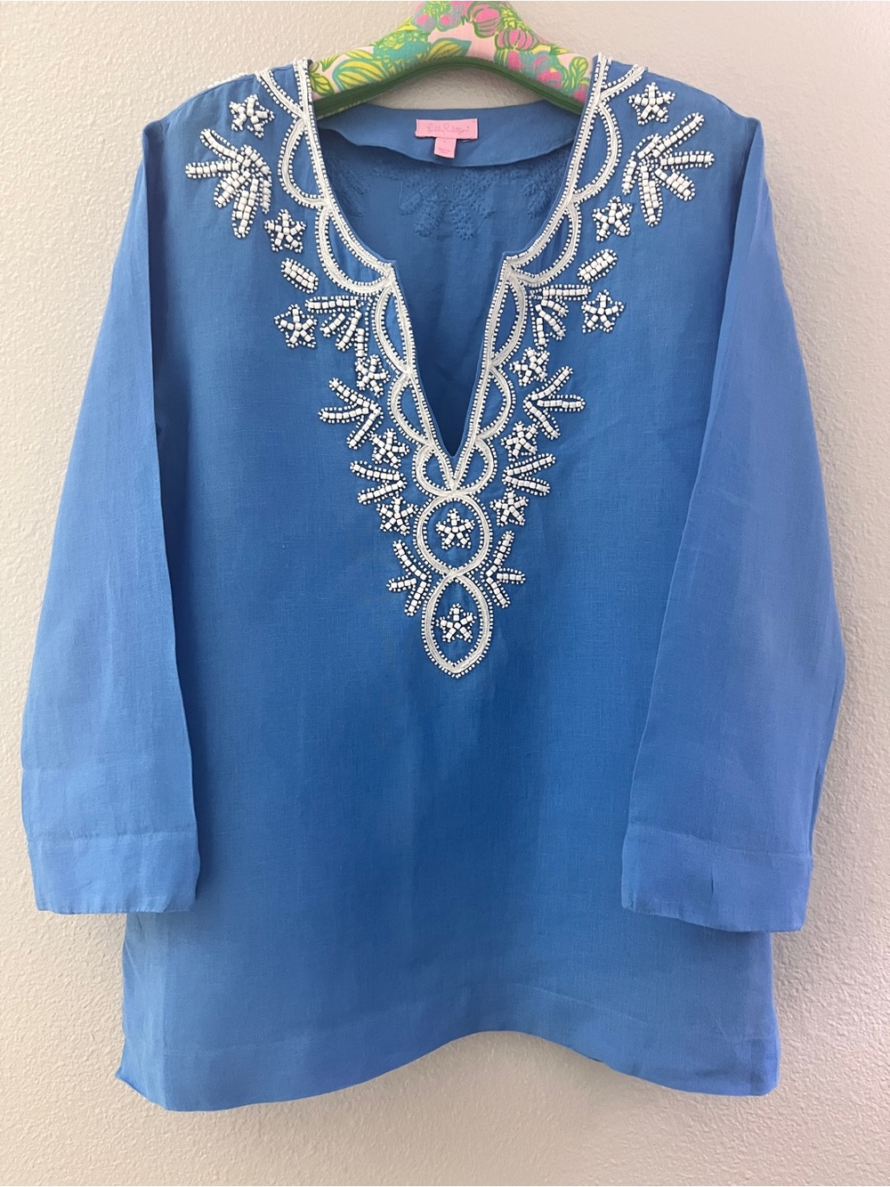 MINT Lilly Pulitzer Amelia Island Women LINEN TUNIC Top BEADED Resort LARGE - Picture 3 of 10